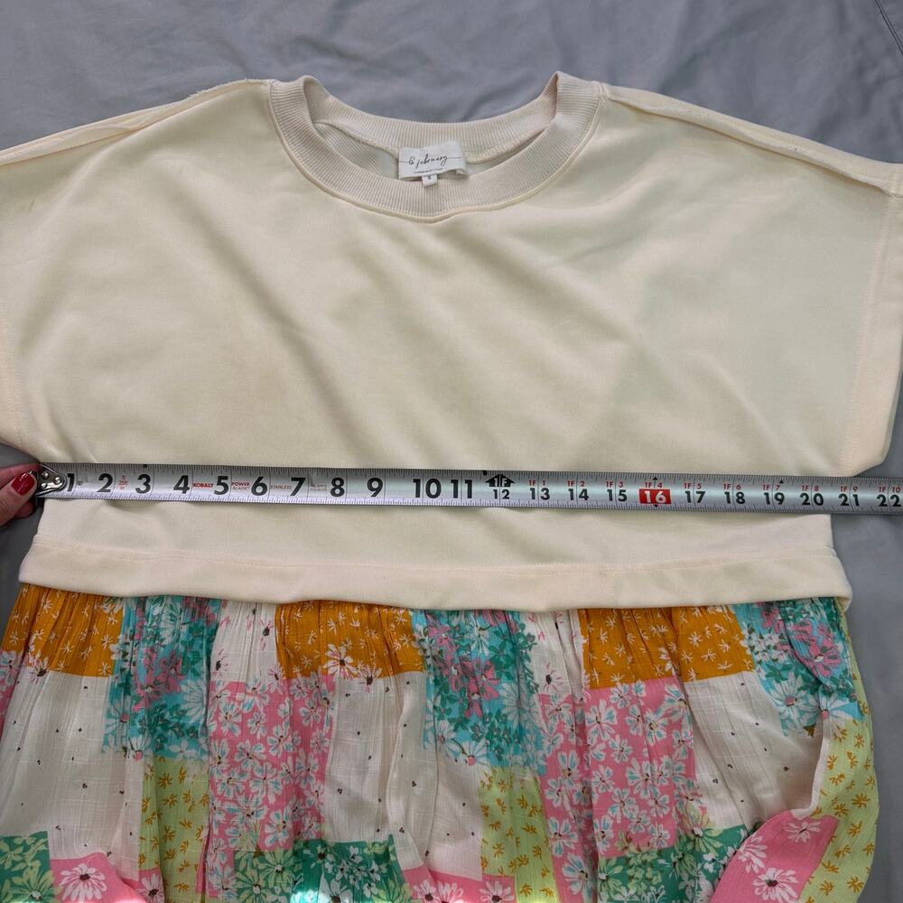 In February Cream Patchwork Floral Mixed Media Mini Dress Women's Small - Picture 10 of 14
